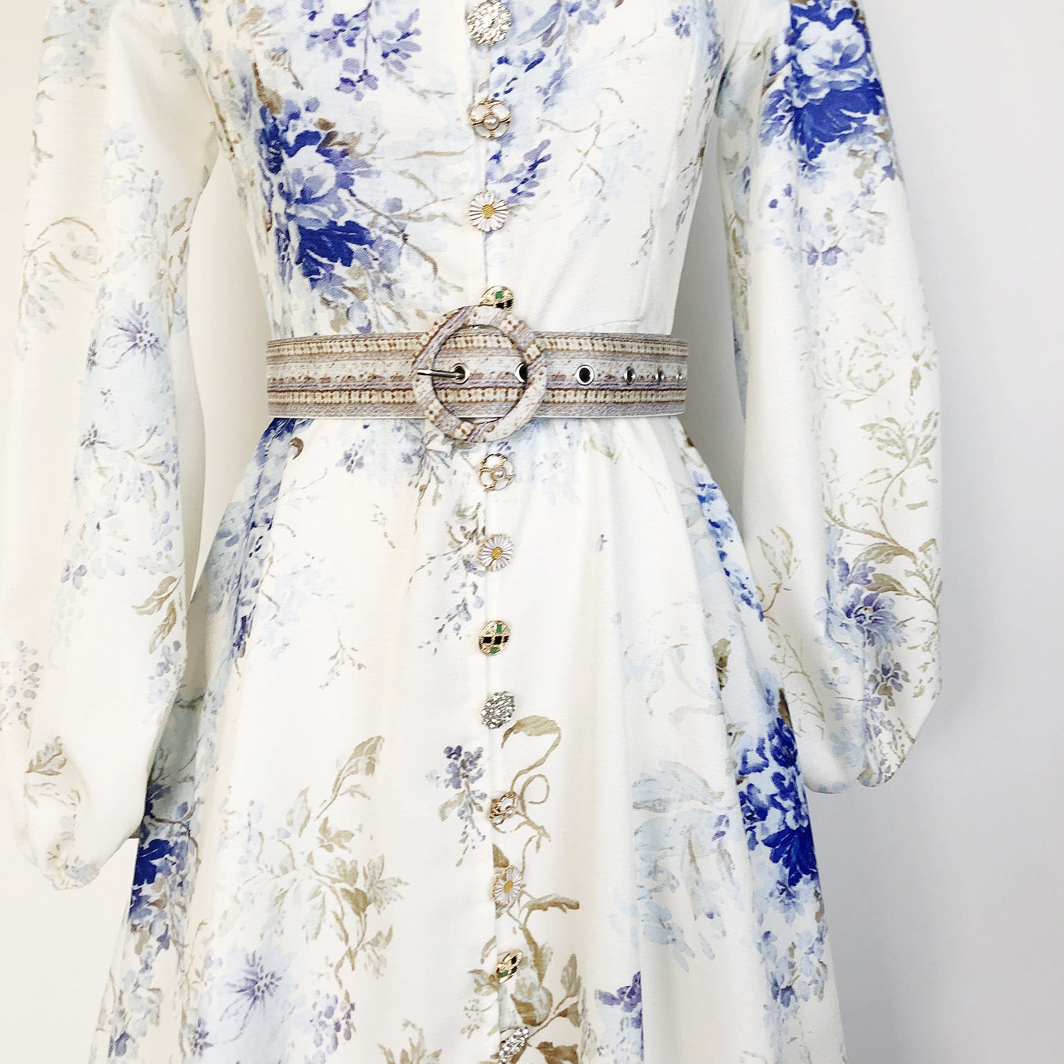 Elegant Print Row Jewelry Button Floral Lantern Sleeve Midi Dress with Belt 29