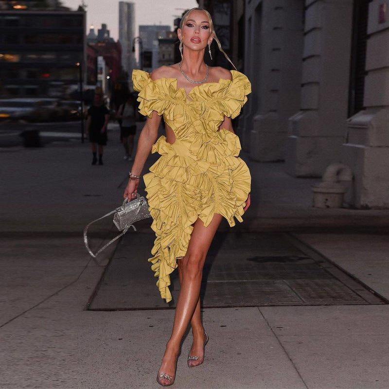 Women's Solid Color Sexy Hollow Low Back Ruffle Irregular Mini Dress 7