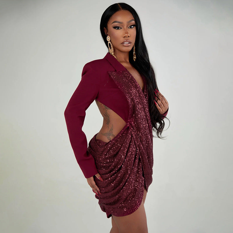 Women Fall Solid Sequined Long-Sleeved Elegant Patchwork Dress 18