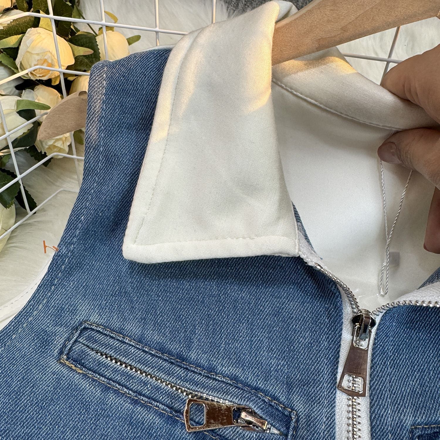 Summer Fashion Sleeveless Short Denim Patchwork Top Wide Leg Trousers Contrast Color Two piece Set for Women 14