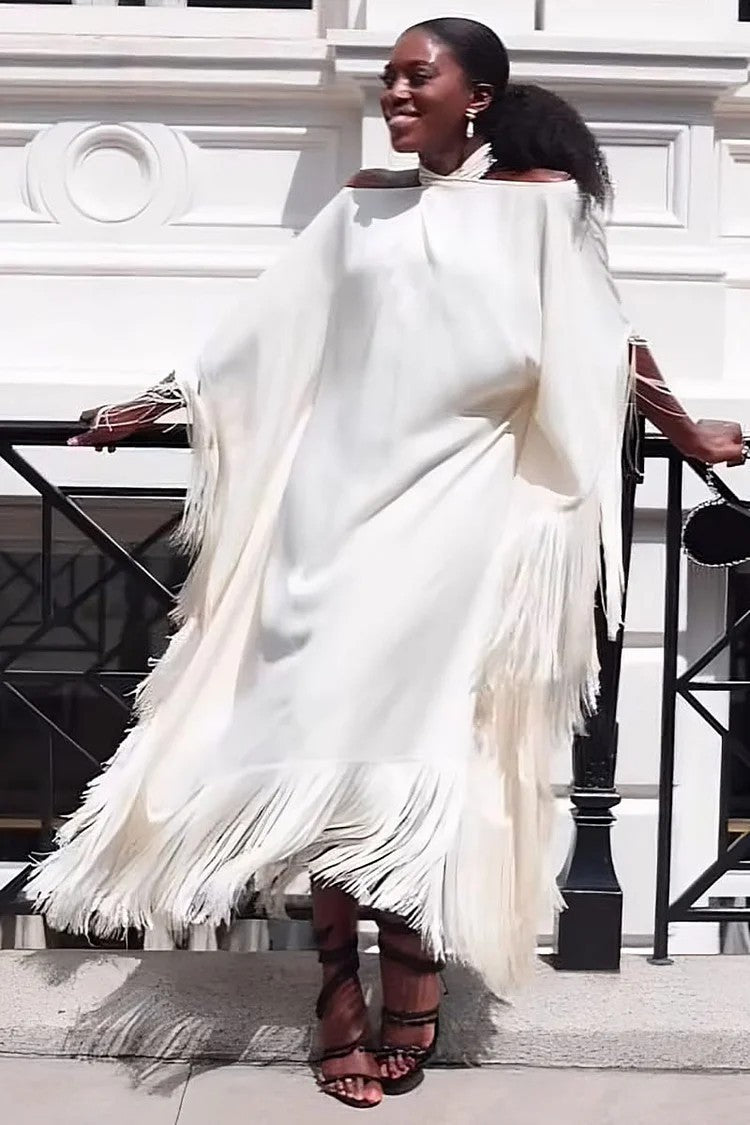 Women's Casual Solid Color Tassel Loose Long Dress 4