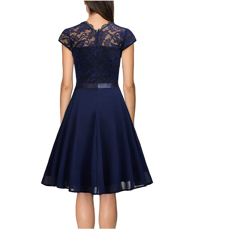 Summer Half-High Collar Short-Sleeved Lace Mid-Length Chiffon Patchwork Elastic Belt Dress 8