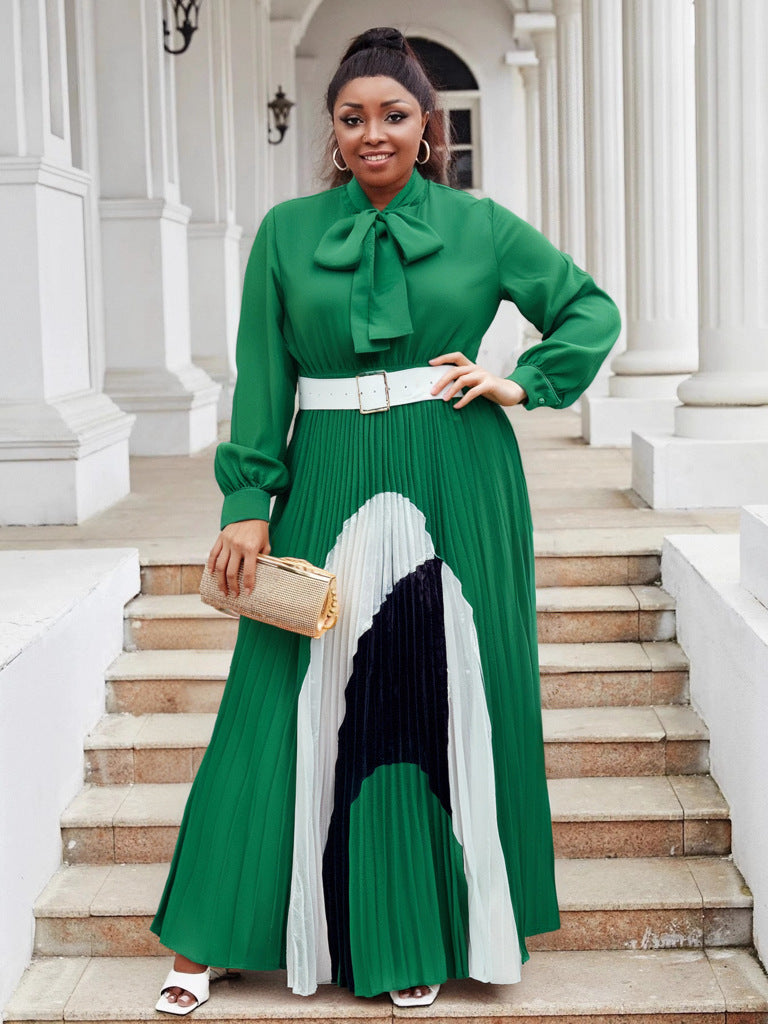 Plus Size Women lace-up long sleeve color matching pleated dress 4