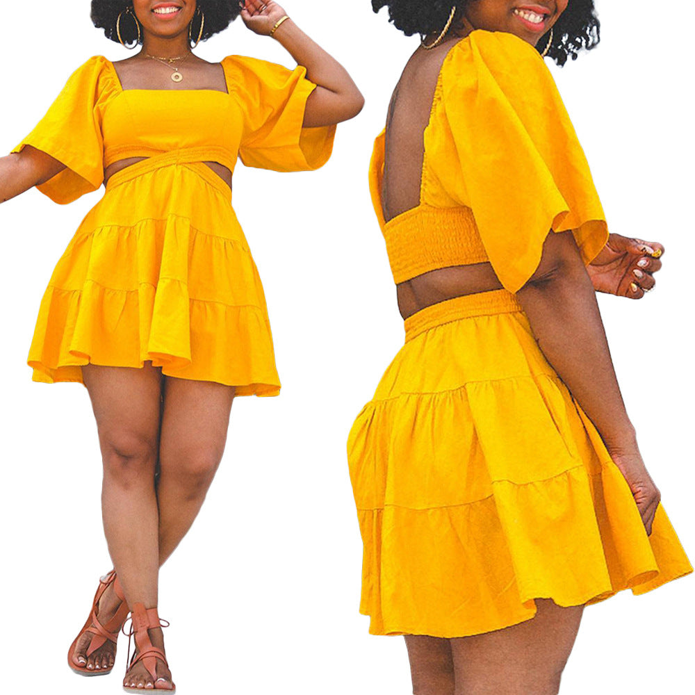 Women Summer Solid Square Neck Cutout Ruffle Dress