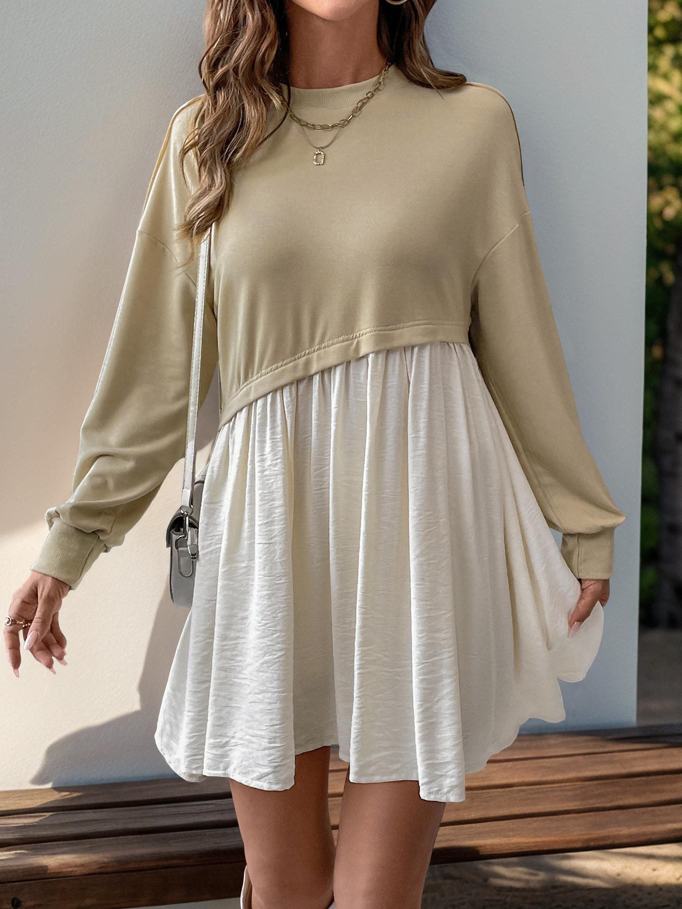 Autumn Winter Round Neck Patchwork Casual Long-Sleeved Dress 3