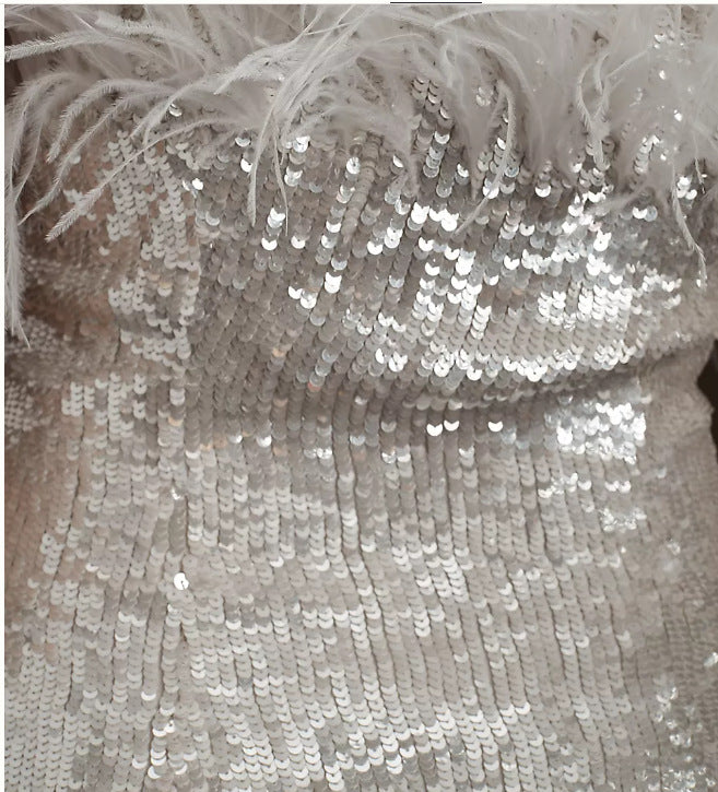 Women Party Dresses Faux Fur Patchwork Sequins Off Shoulder Sexy Strapless Dress 6