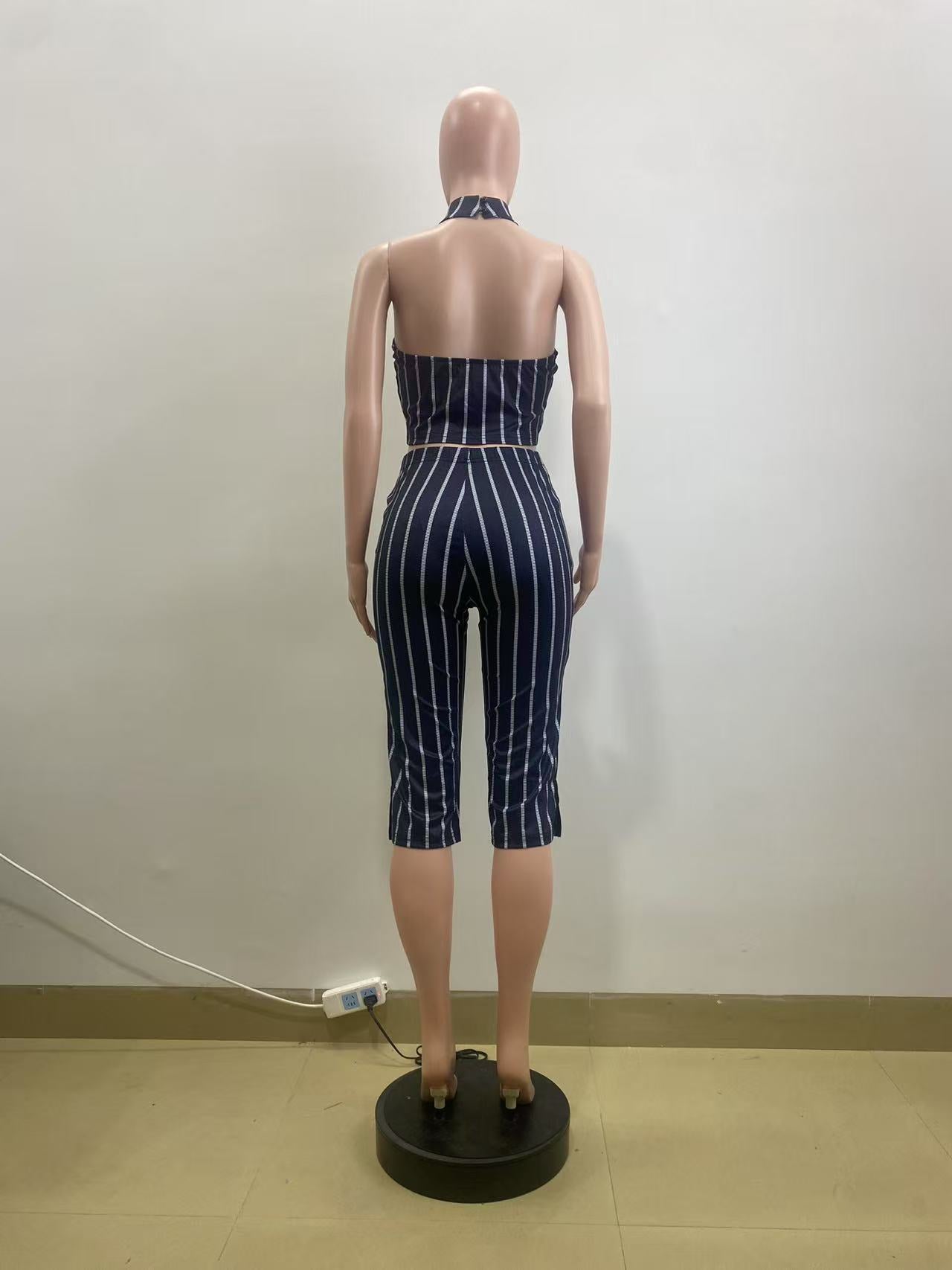 Women Summer Black and White Striped Sleeveless Turndown Collar Vest Top Three-Piece Pants Two-Piece Set 9