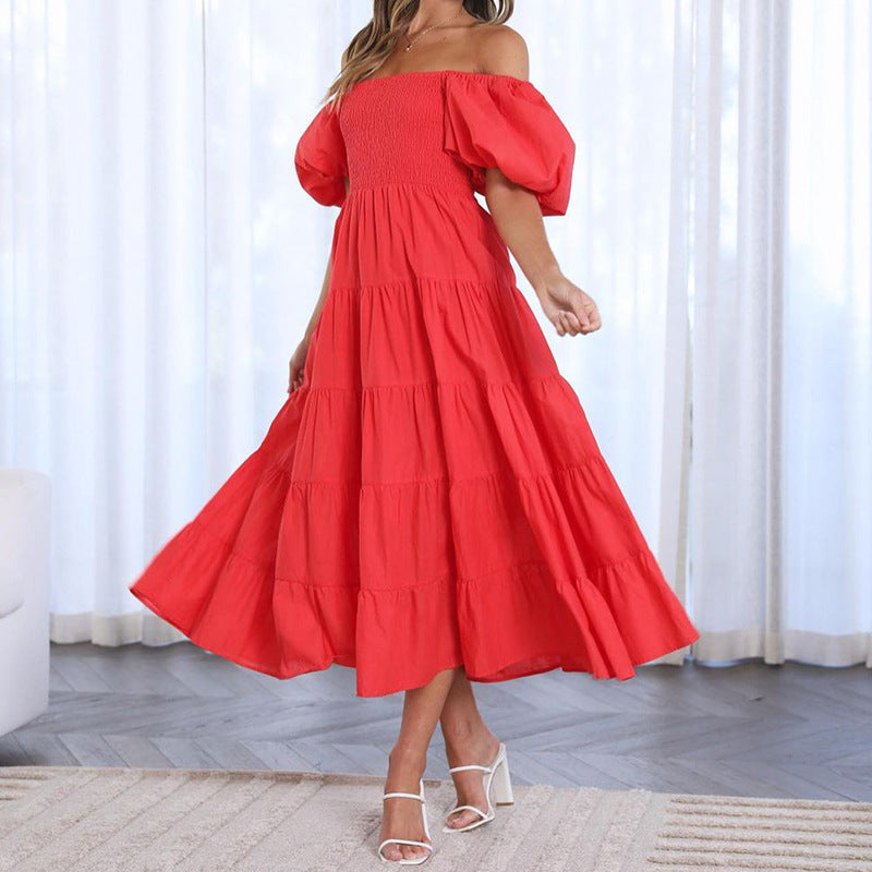 Summer Women's Fashion Loose Off Shoulder Puff Sleeve A-Line Midi Dress 7