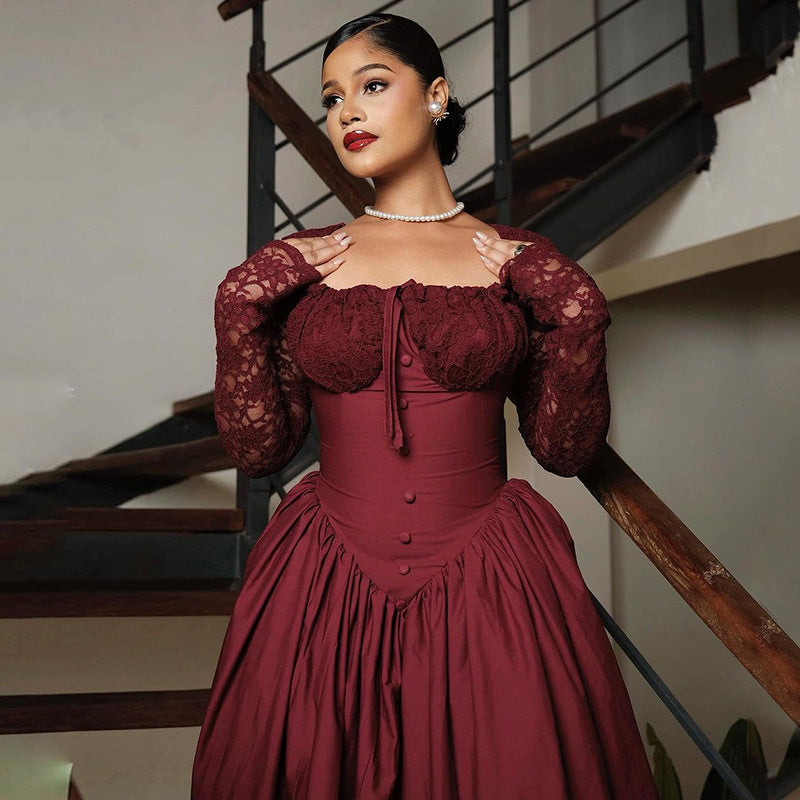 Women's Spring Chic Square Neck Lace Long Sleeve Slim Waist Solid Color Maxi Dress 4