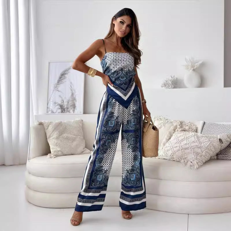 Fashionable Printed Strap Vest Wide Leg Pants Two Piece Set Women's Clothing 6