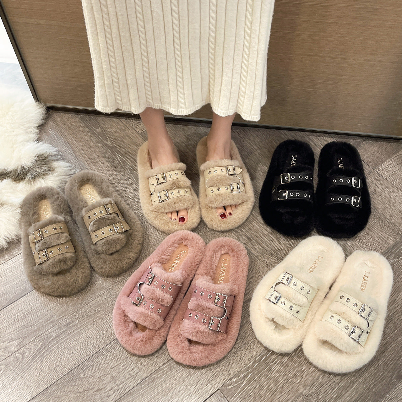 Women's Autumn And Winter Furry Slippers Outdoor Wear Retro Soft Sole Belt Buckle Slotted Furry Slippers 9