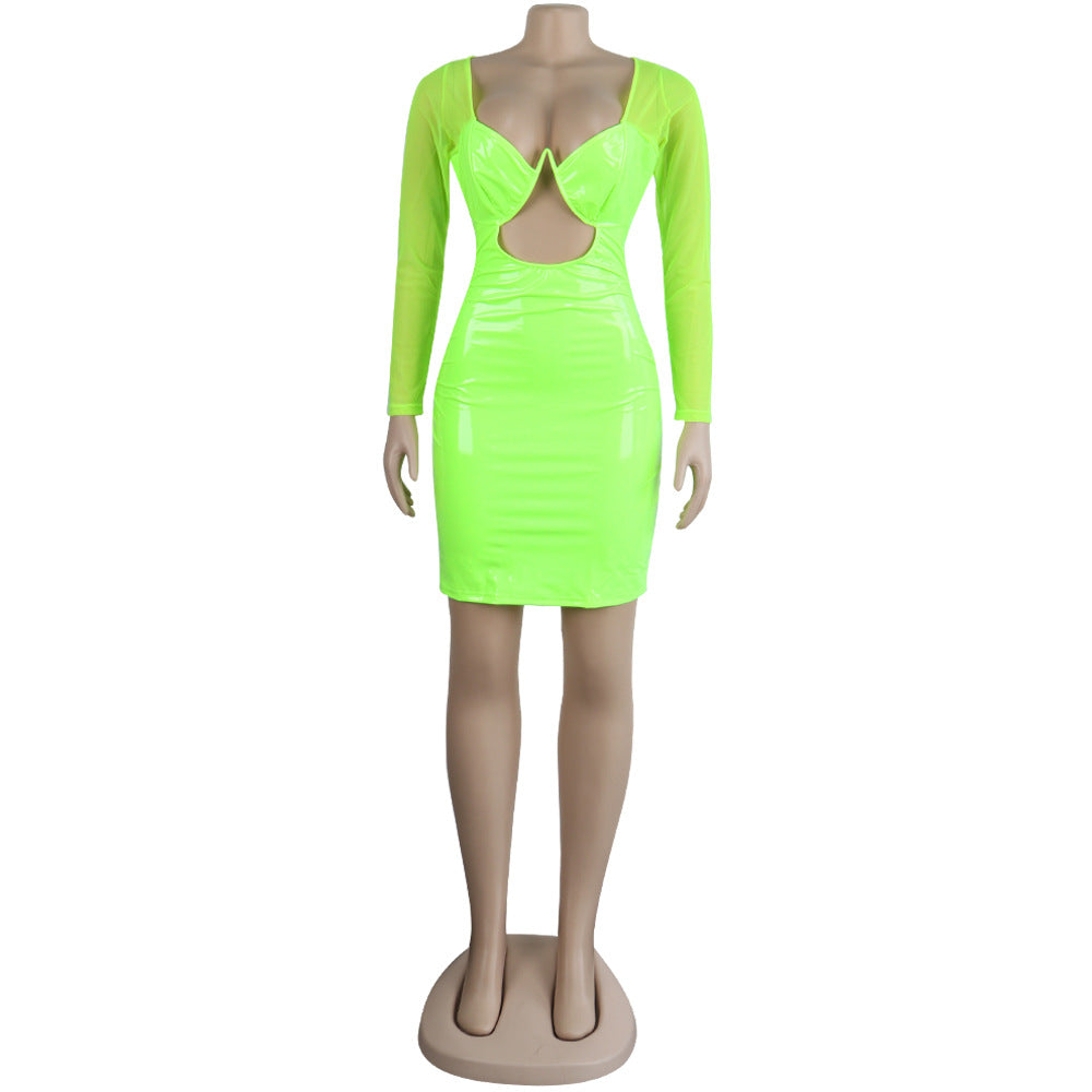 Sexy Women's Solid Color Mesh Leather Patchwork Hollow Long Sleeve Party Dress 12