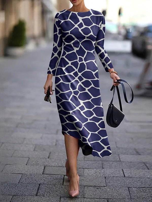 Autumn Street Trend Women's print Round Neck midi Dress