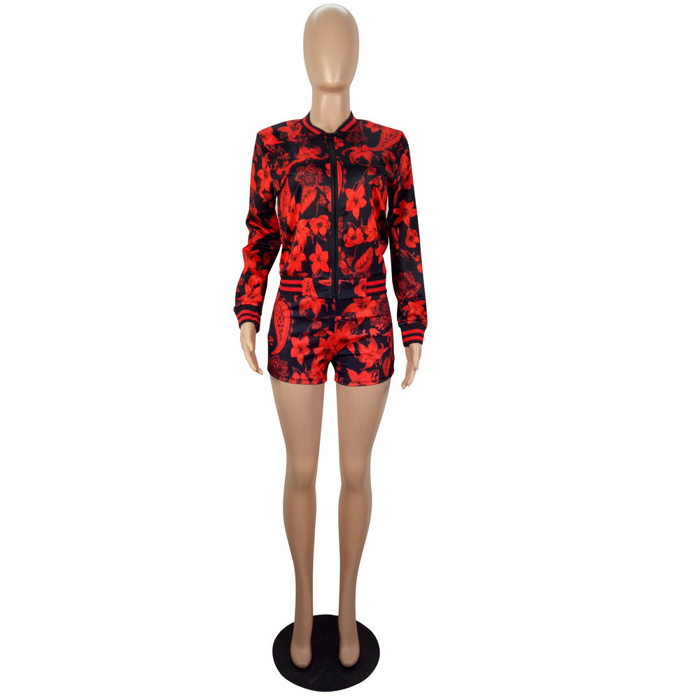 Women Autumn and Winter Style Print Long Sleeve Top And Shorts Two Piece Set 10