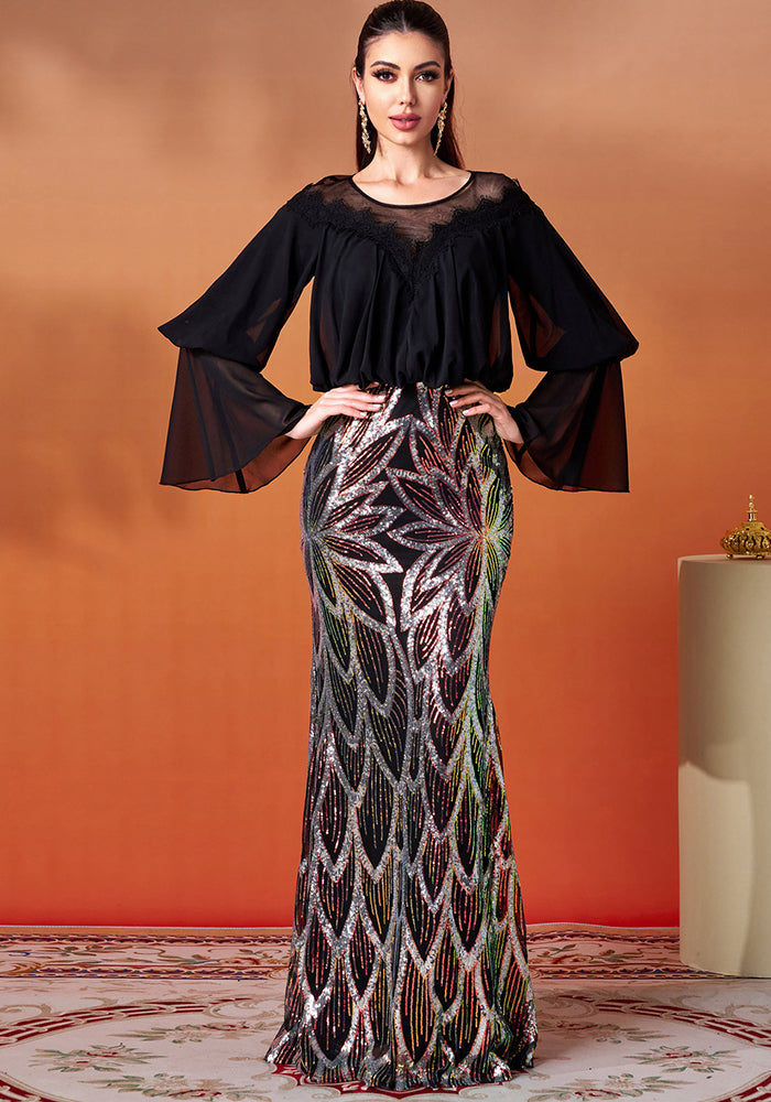 Women Long Sleeve Round Neck Sequin Formal Party Bodycon fishtail evening dress