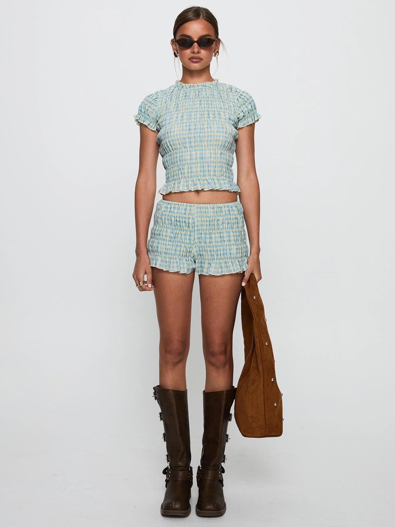 Spring Women's Fashion Plaid Short Sleeve Crop Top Mini Shorts Set 6