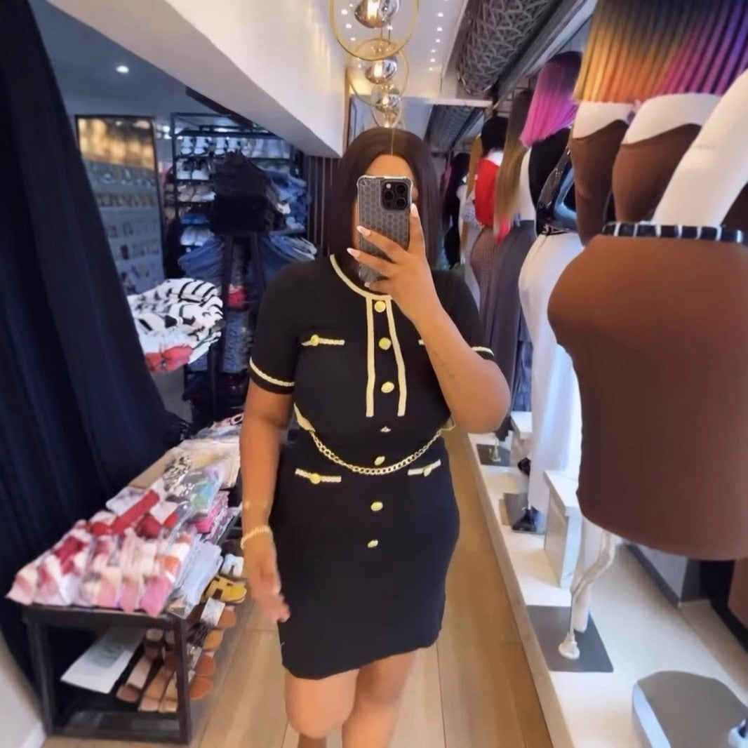 Women Short Sleeve Button Knitting Dress 4