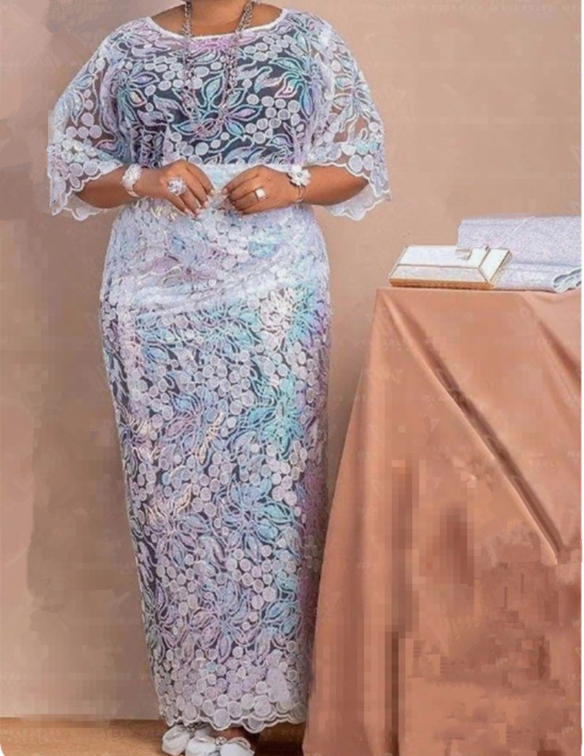 Women's Lace Mesh Embroidery Lace Trim Top & Long Skirt Two-Piece Set