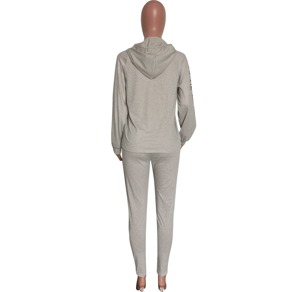 Women's Autumn and Winter gray hooded long sleeve casual two-piece pants set 9