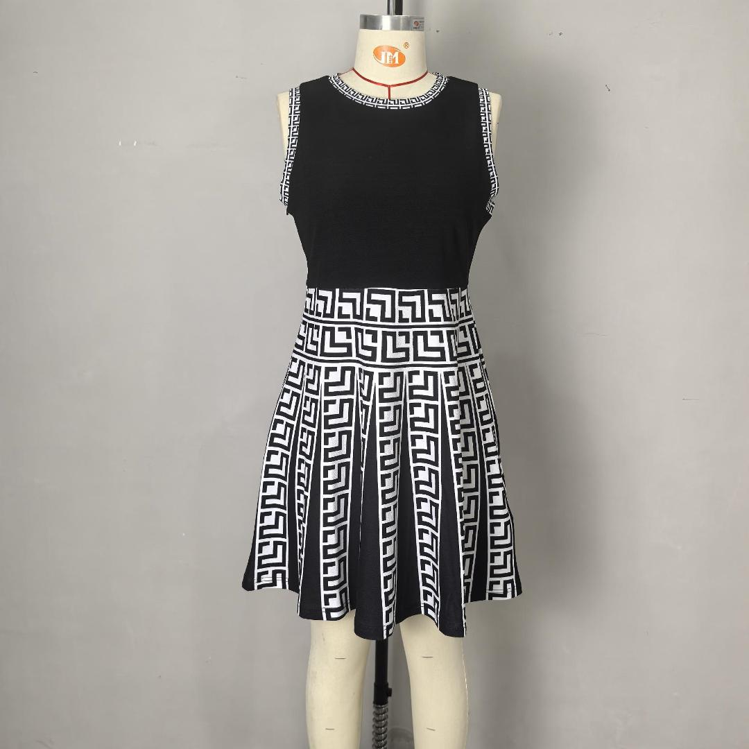 Women elegant knitting contrast print Round Neck sleeveless dress 5