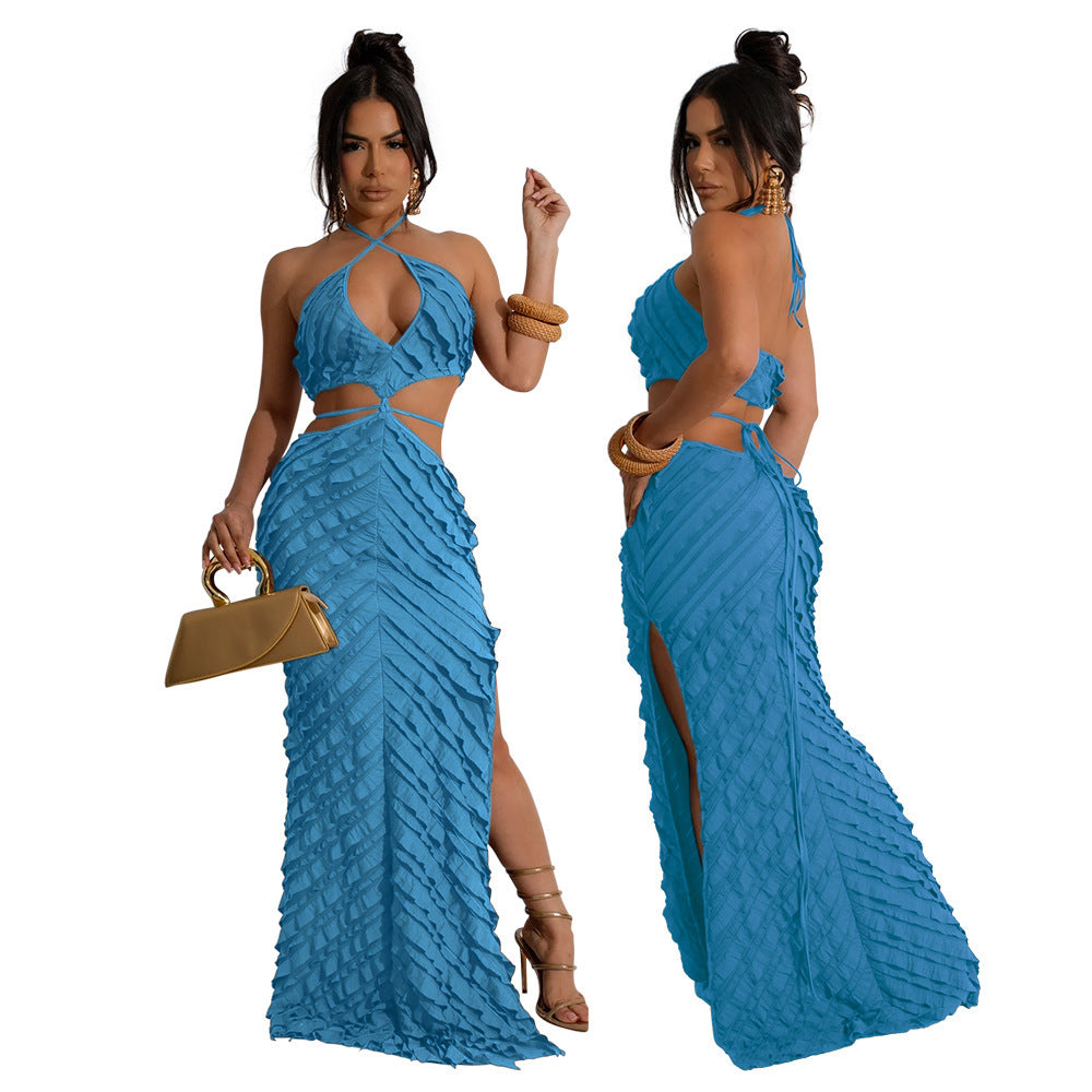 Women Sexy Halter Neck Lace Hollow Dress 7