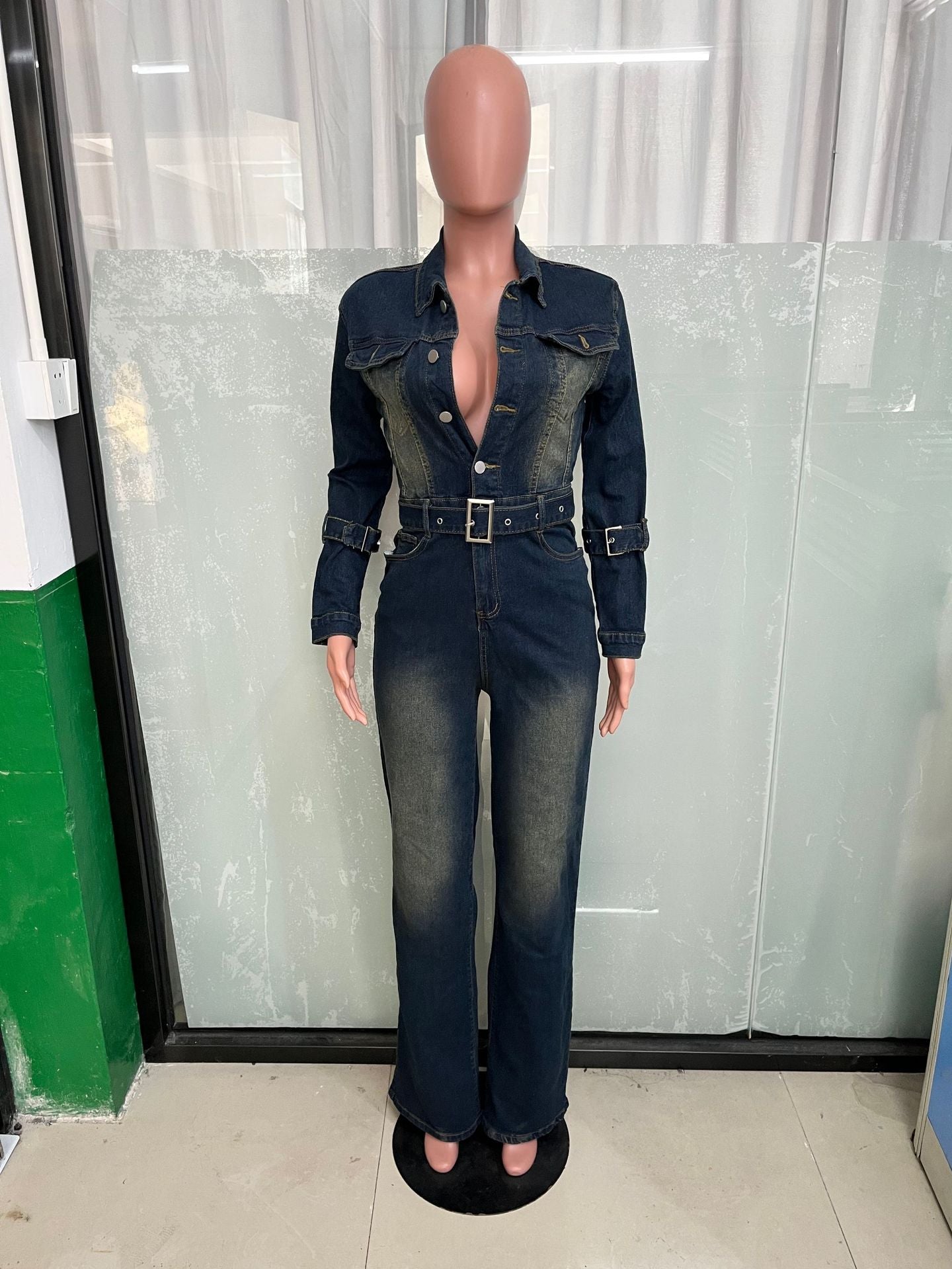 Women long sleeve Denim Stretchy Bell Bottom Jumpsuit 5