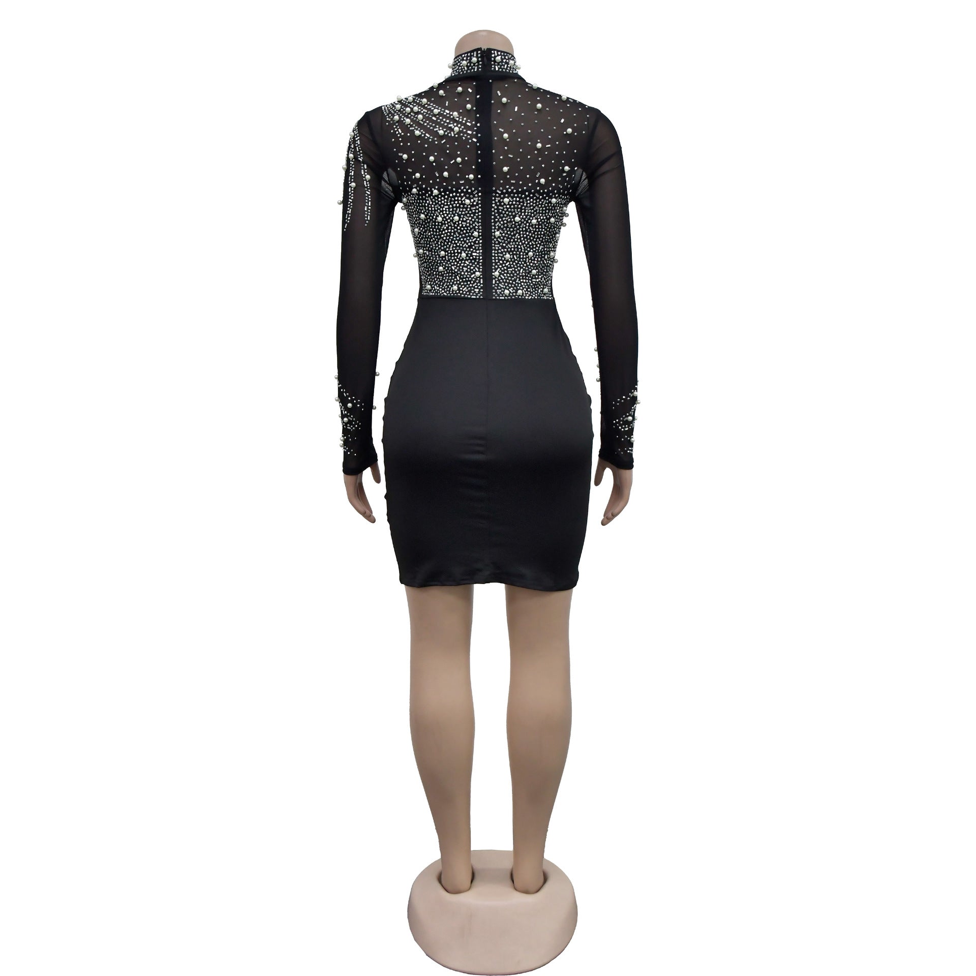Women solid mesh beaded long-sleeved mini dress 12