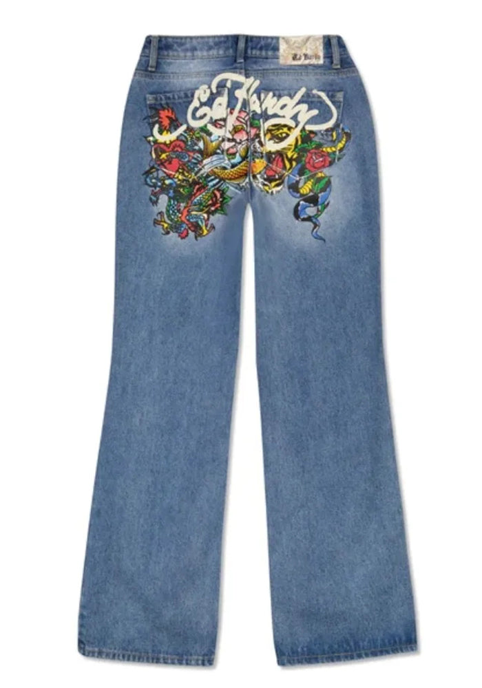 Women Floral Letter Printed Wide Leg Loose Denim Straight Pants 3
