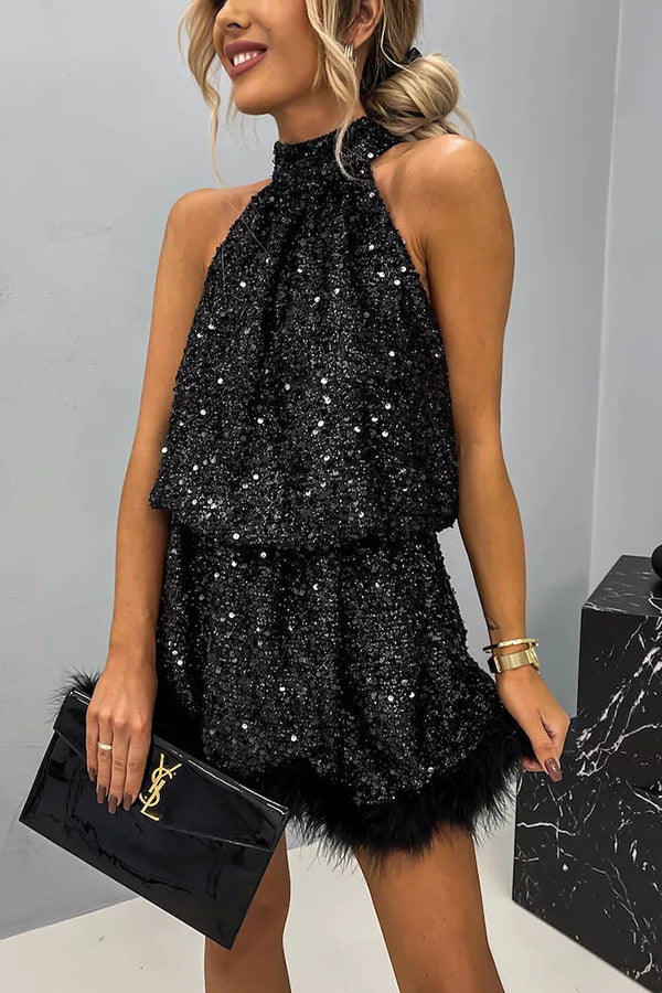 Women Sequined Sleeveless Halter Neck Dress 3