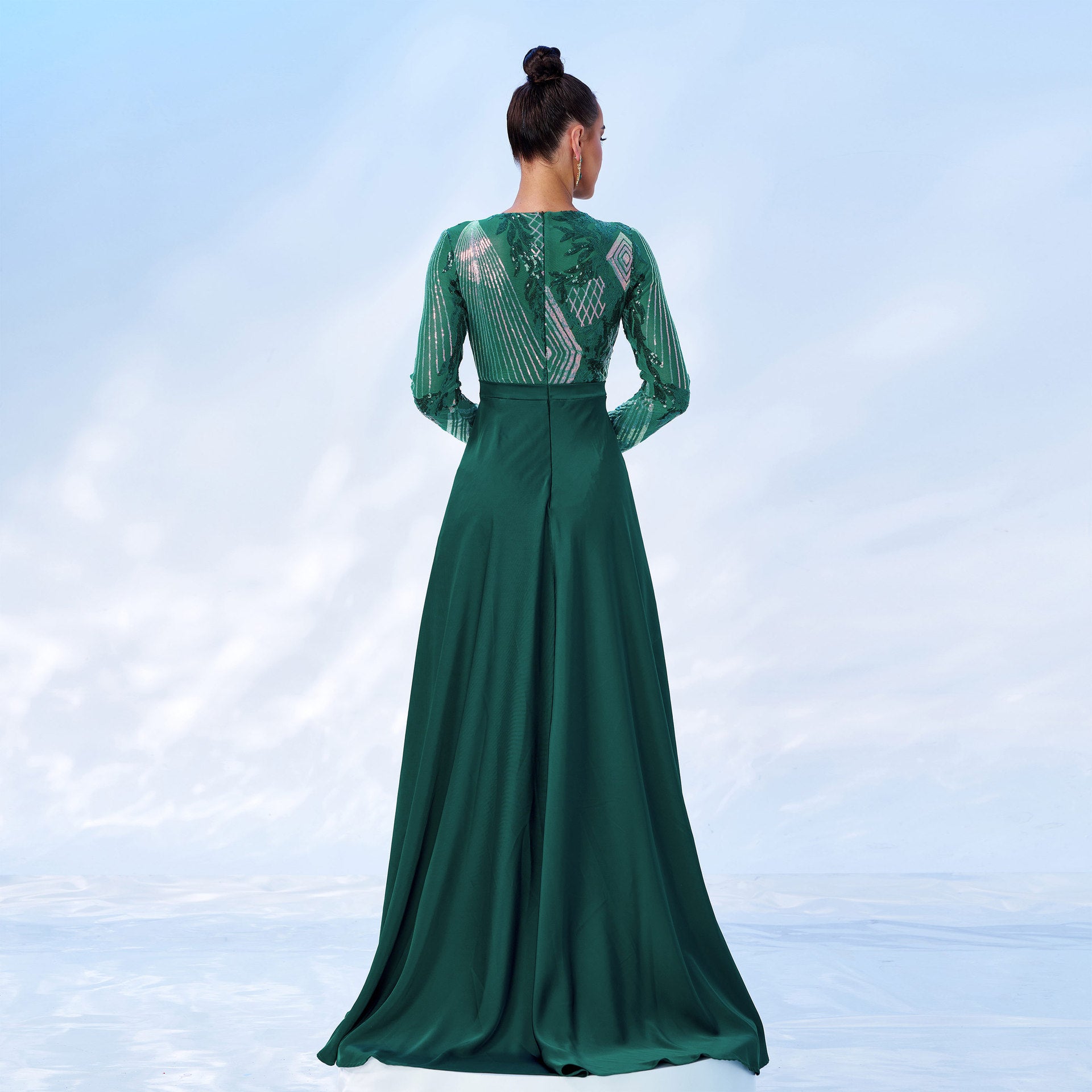 Women Long Sleeve Round Neck Sequined Formal Party Maxi Cape Fishtail Evening Dress 4