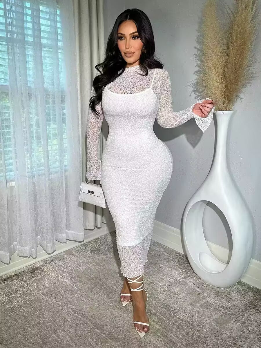 Women Lace Sleeve See-Through Sleeve Sexy Dress 3