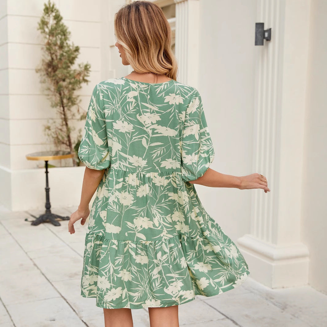 Women Print V Neck Short Sleeve Dress 3