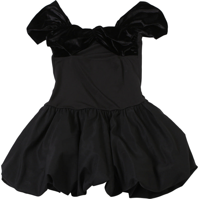 Lady's Spring Elegant Short Sleeve Hollow Velvet Bubble Dress 9
