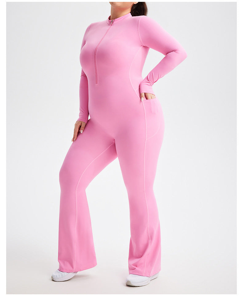 Plus Size Zipper Long Sleeve Fitness Sport Bell Bottom Jumpsuit Tight Fitting Yoga wear 4