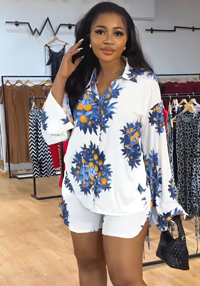 Printed Long Sleeve Shirt Shorts Spring Summer Casual Set Career Women's Two-Piece Set