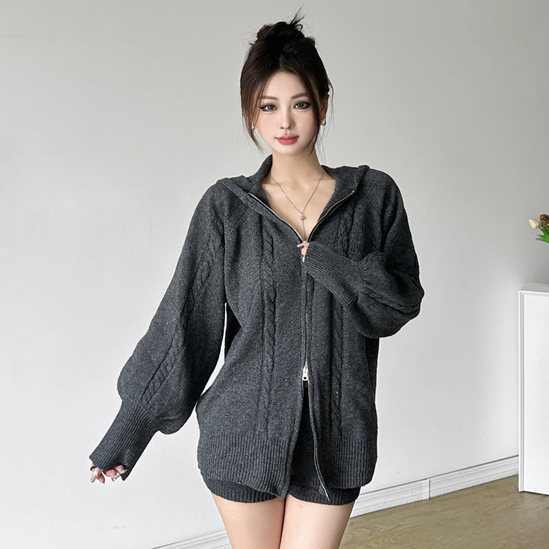 Women autumn hooded zipper top + shorts two-piece set 6