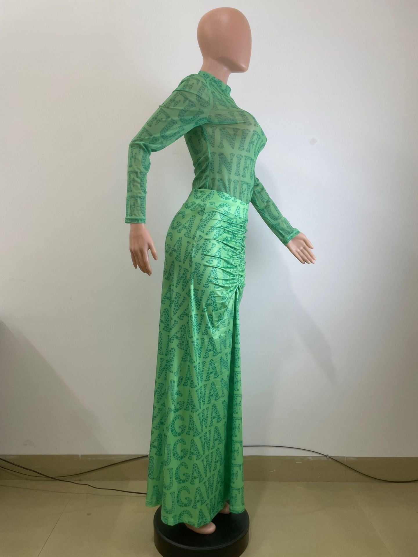 Women Fall/Winter Mesh Top And Long Skirt Two Piece Set 9