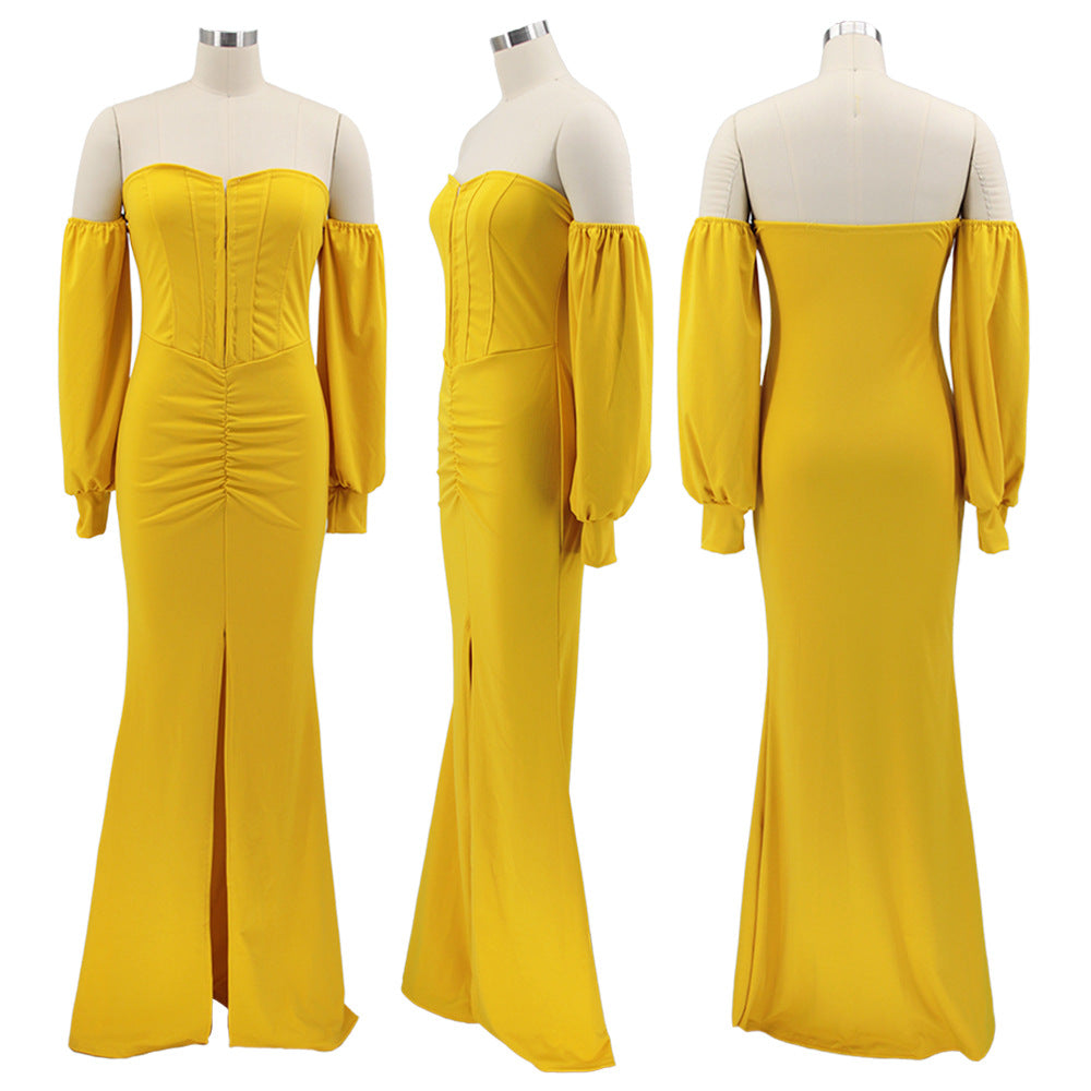 Women Solid Corset Sexy Long Sleeve Slit Party Dress 12