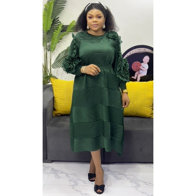 African Plus-Size Elegant Flower Pleated Long Dress 15