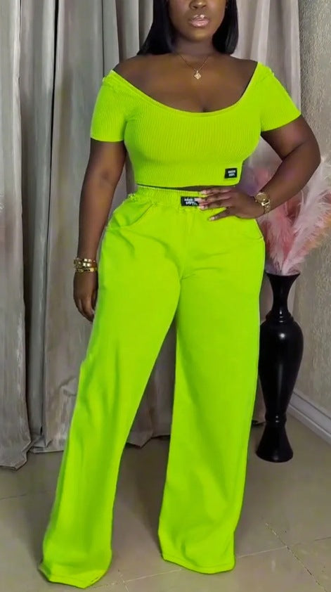 Summer Women's Solid Color Round Neck Short Sleeve Top Casual Pants Set 4