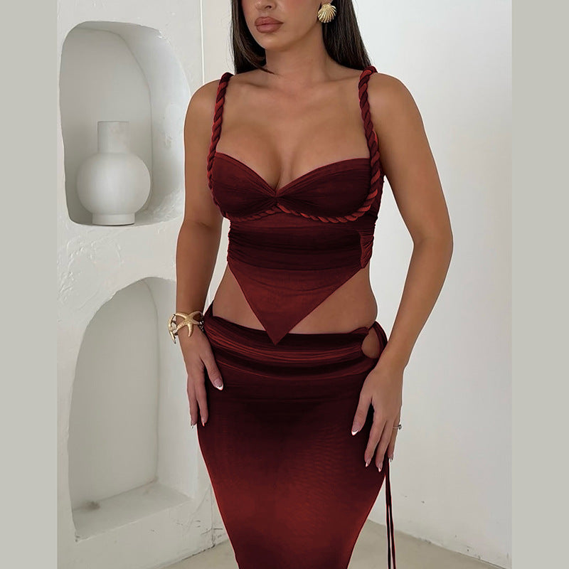 Women's Spring Contrast Strap Vest & Sexy Slim Long Skirt Set