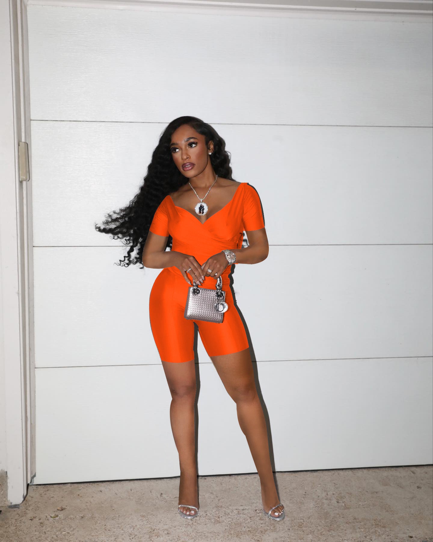 Women's Summer Cross V Neck Short Sleeve Top Elastic Shorts Casual Two Piece Set 6