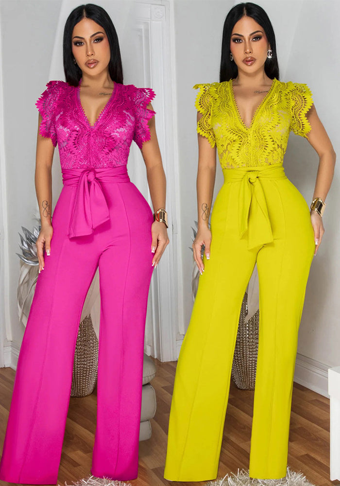 Women's Sexy V-Neck Sleeveless Solid Color Lace-Up Wide-Leg Jumpsuit