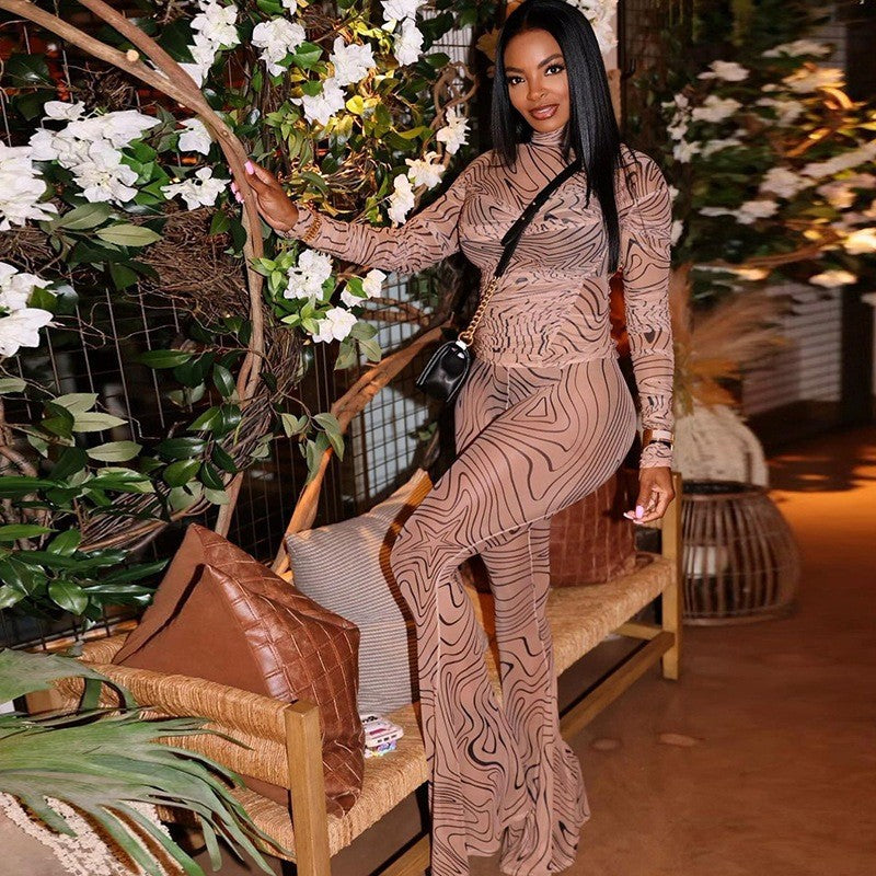 Women Style printed mesh half-high collar long-sleeved Top and trousers two-piece set 6