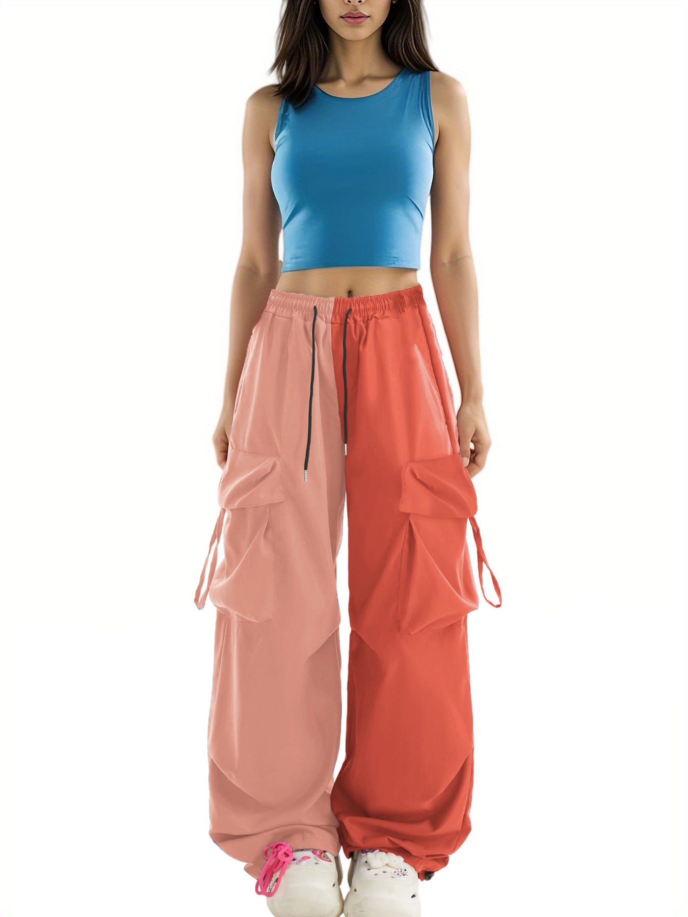 American Contrast Color Loose Wide Leg Cargo Pants Hip Hop Color Matching Fashion Casual Sports Trousers for Women 11