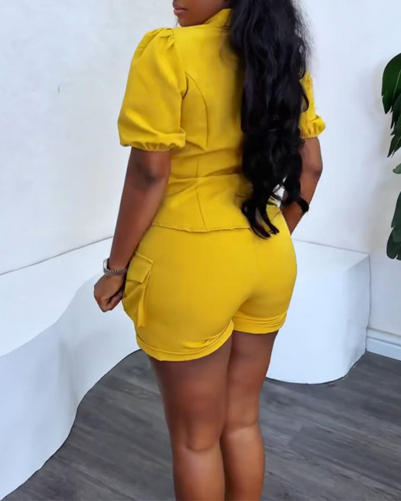 Women's Solid Color Puff Sleeve Shirt Pocket Detail Elastic Waist Shorts Career Casual Set 3