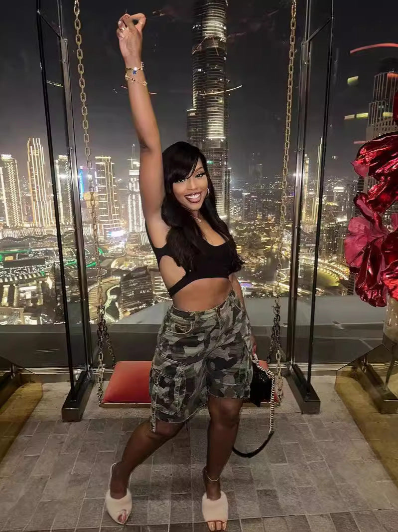 Spring Summer Women's Pocket Camouflage Cargo 5-Point Pants 4