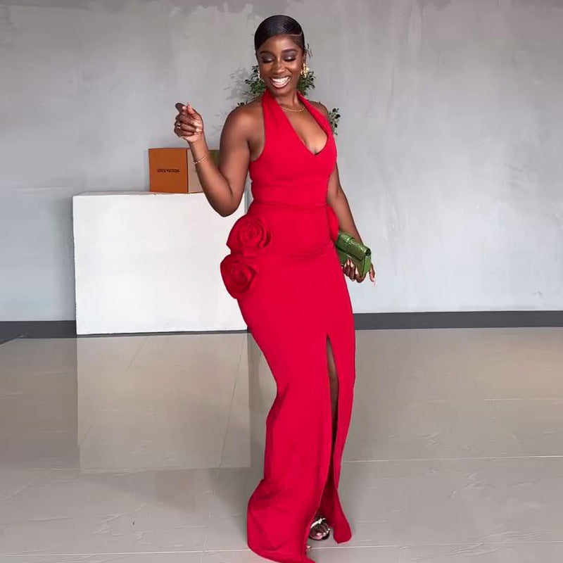 Elegant Women Flower Halter Slit Long Dress 7