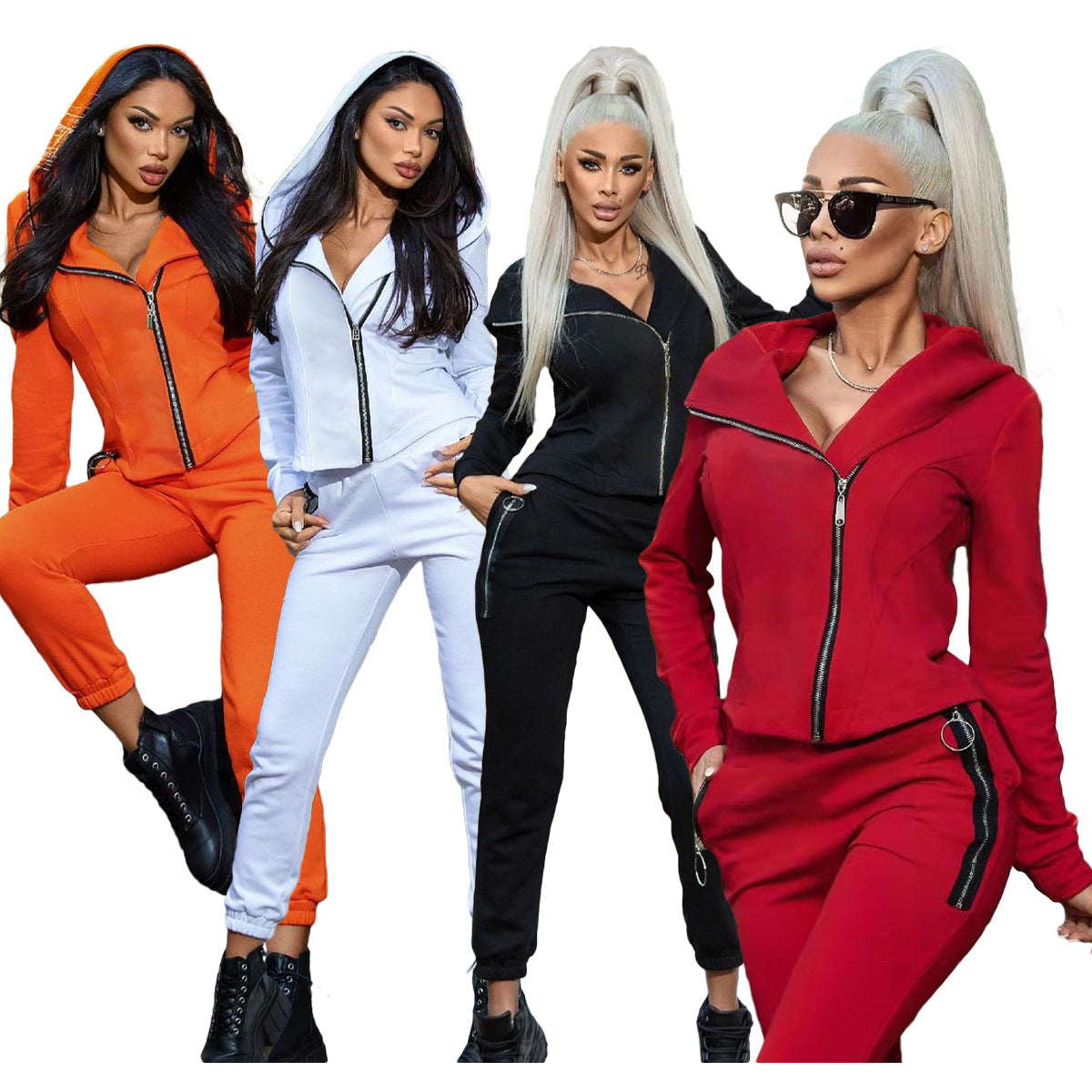 Women's Solid Color Zipper Fashion Casual Sports Two-Piece Pants Set