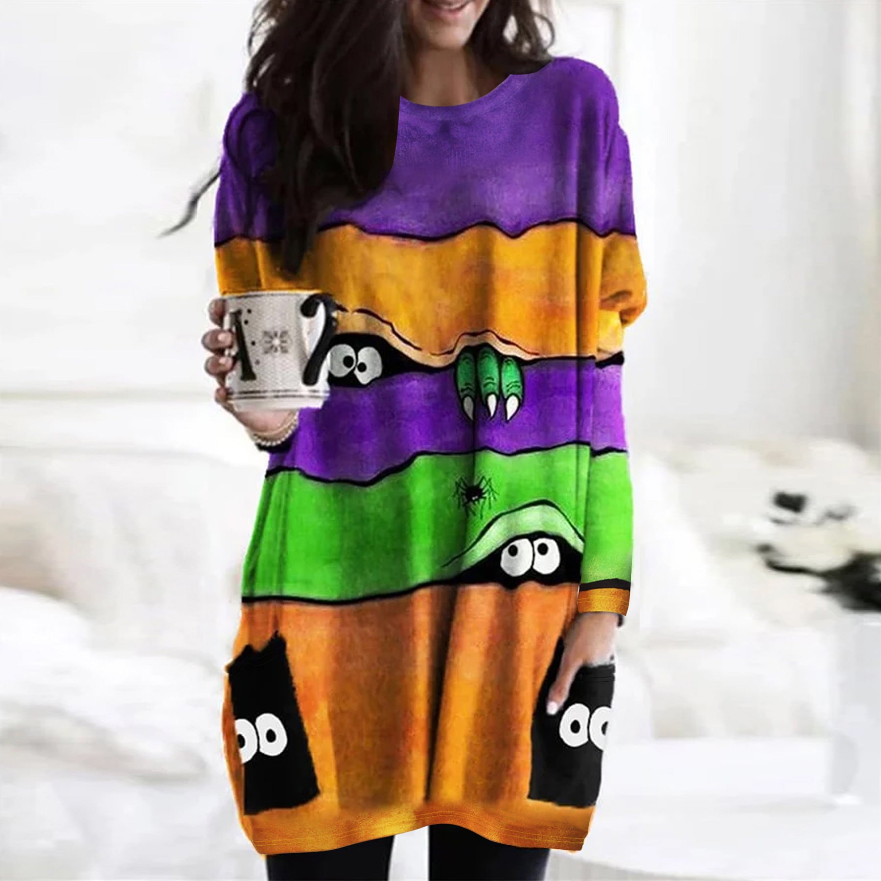 Halloween Printed Pocket Round Neck Long Sleeve Women's Top 3